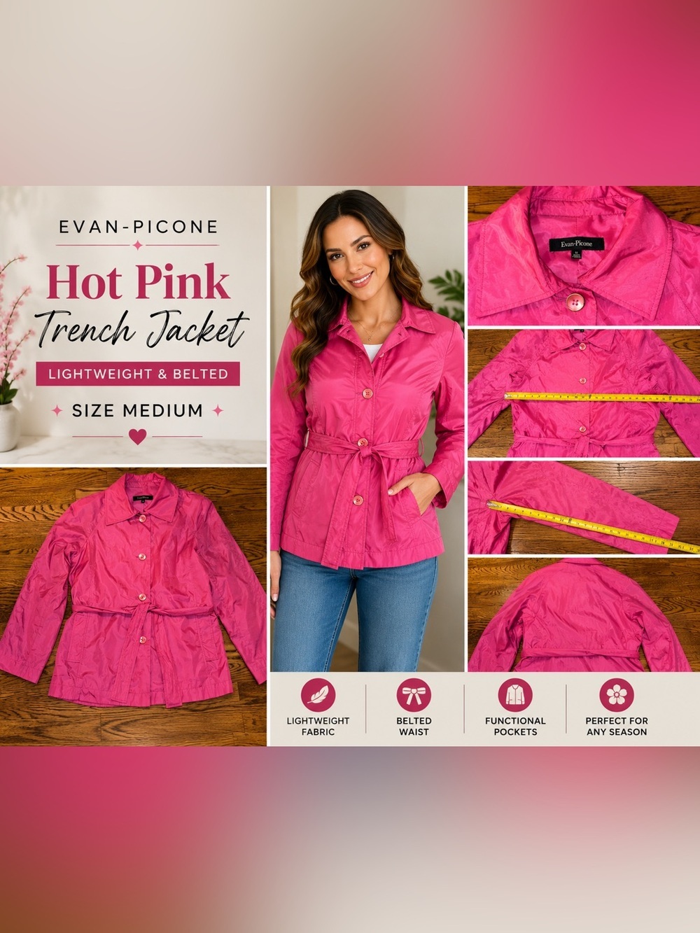 Evan-Picone Hot Pink Belted Lightweight Trench Jacket Size Medium Vintage